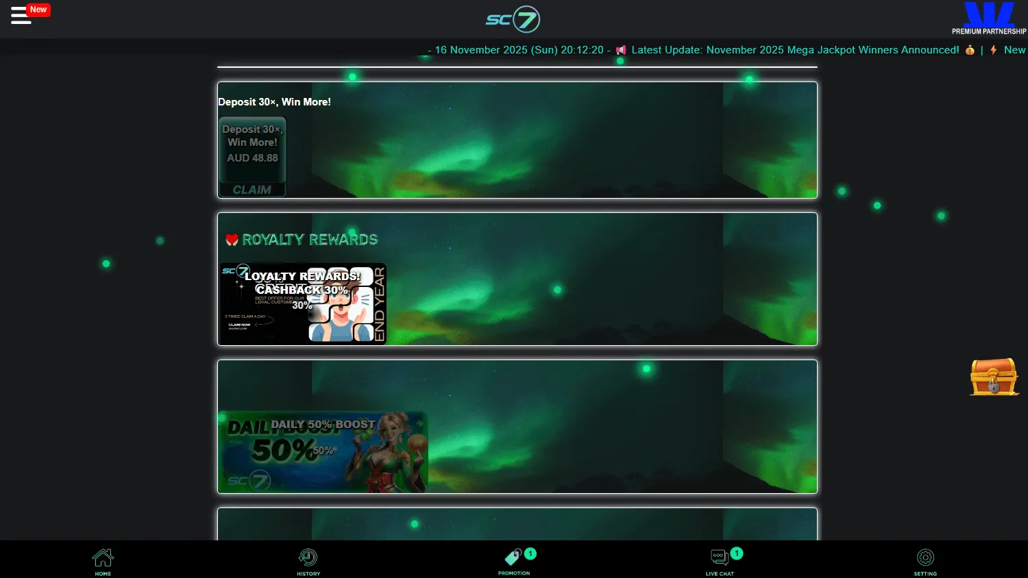 Sc7 Casino desktop promotions area with the no deposit offer