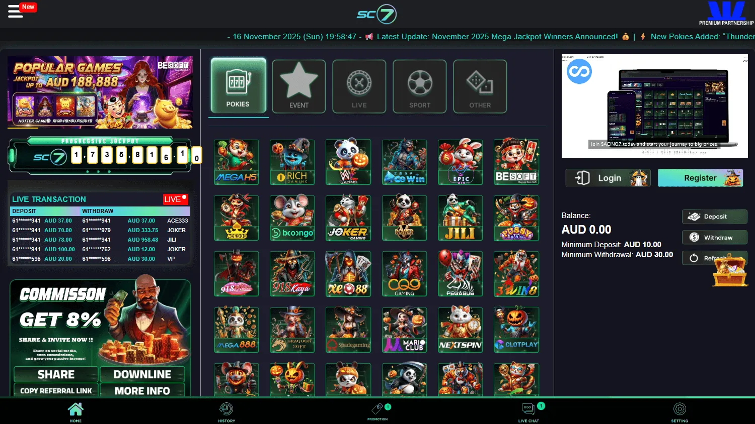 Sc7 Casino desktop home experience for Australian players