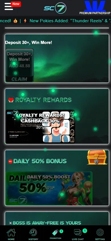 Sc7 Casino mobile promotions area with the no deposit offer